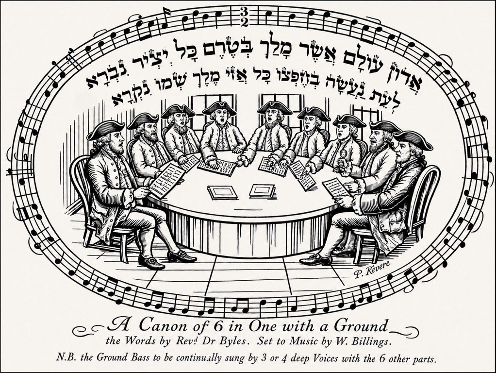 Paul Revere engraving: nine men in tricorn hats seated around an oval table singing from sheet music, encircled by a ribbon of musical notation, with a Hebrew benediction (&lsquo;Adon &lsquo;Olam) above; below, the inscription &lsquo;A Canon of 6 in One with a Ground, the Words by Rev. Dr. Byles, Set to Music by W. Billings.&rsquo;