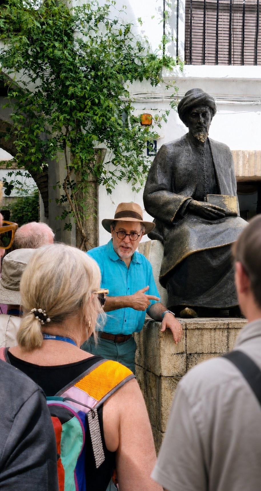 Marc Epstein in a turquoise shirt and Panama hat speaking to tour guests beside the bronze statue of Maimonides in the Plaza de Tiberíades, Córdoba.
