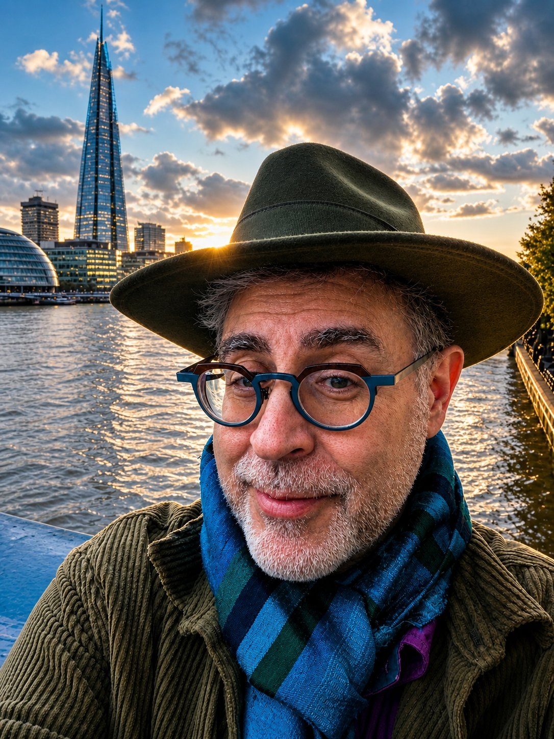 Marc Epstein in green felt fedora and tartan scarf along the Thames at sunset, with the Shard and City Hall visible behind him.