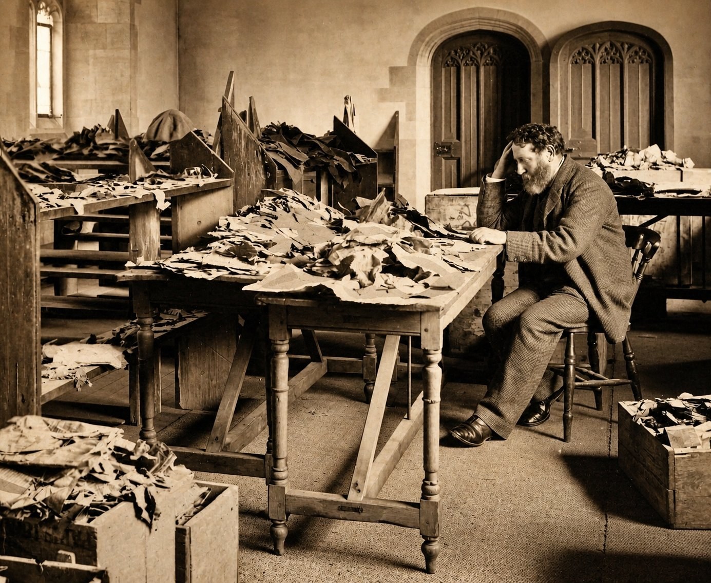 Solomon Schechter seated at a long table heaped with manuscript fragments inside a vaulted Gothic chamber at Cambridge University Library, c. 1898.