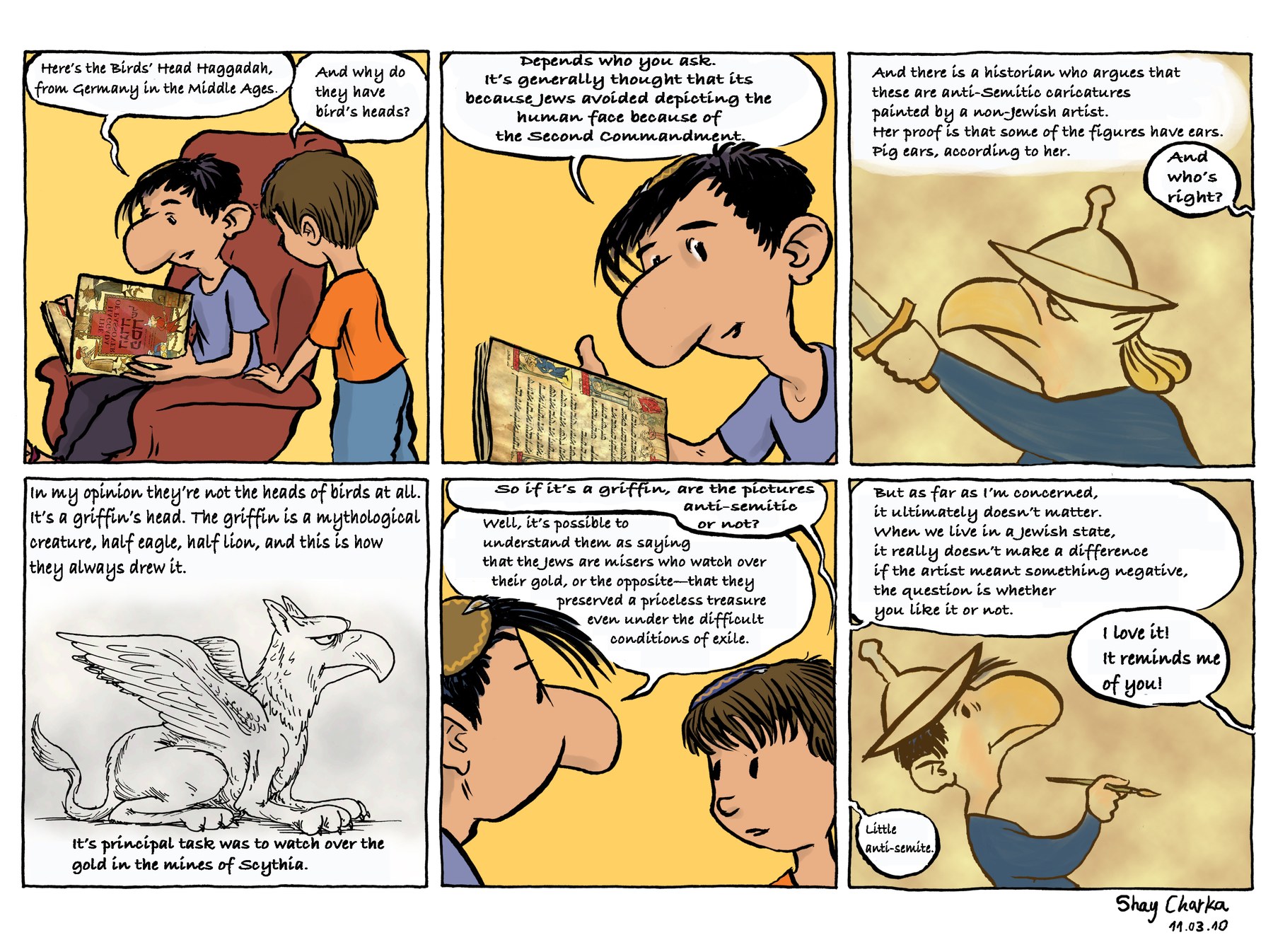 Six-panel comic strip by Israeli cartoonist Shay Charka in which a father and son discuss the Birds&rsquo; Head Haggadah and Marc Epstein&rsquo;s argument that the figures are griffin-headed.
