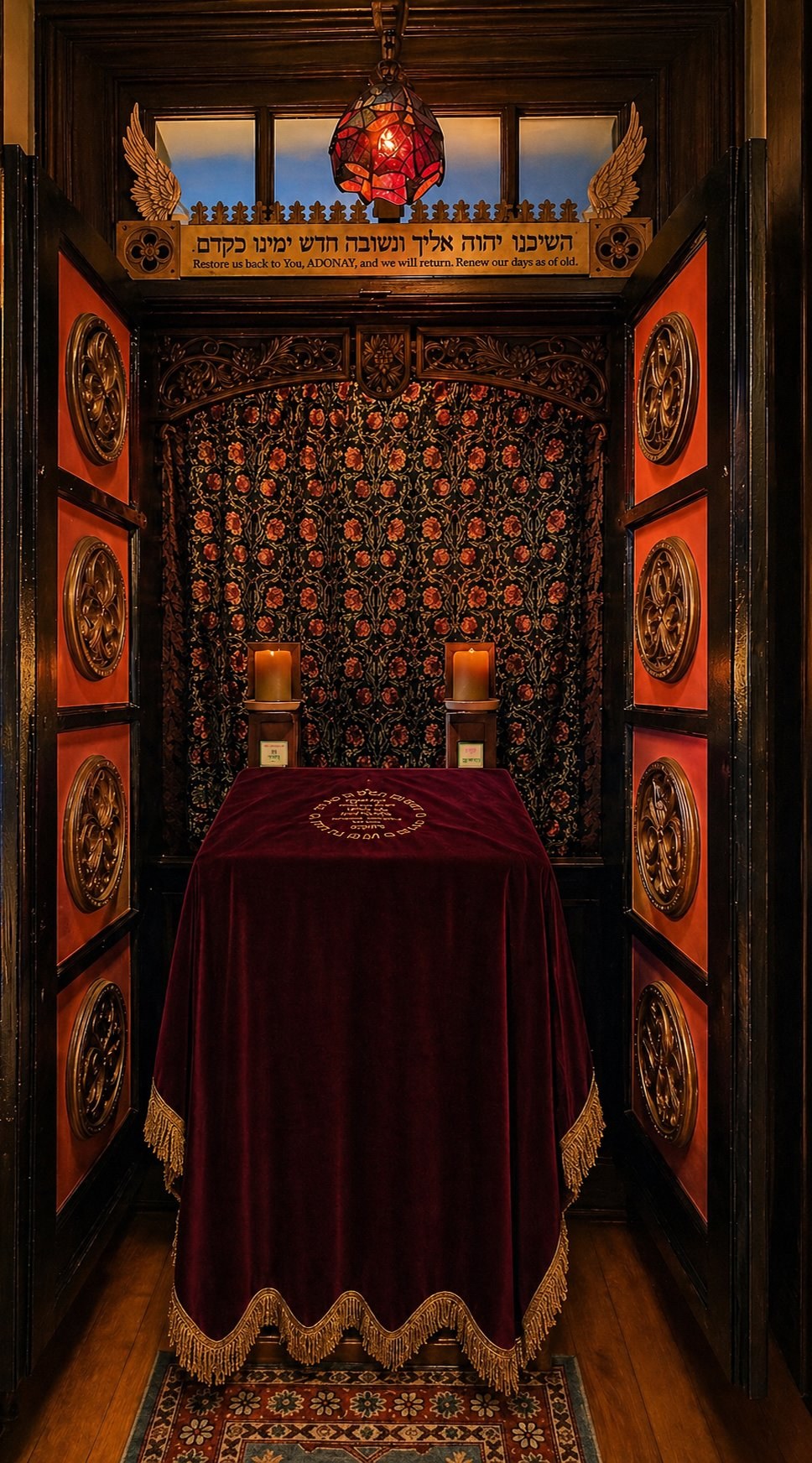 The Ark at Kehillah Kedoshah Zikhron Zvi — gilded gothic medallions, William Morris fabric backdrop, Hebrew inscription Hashivenu above.