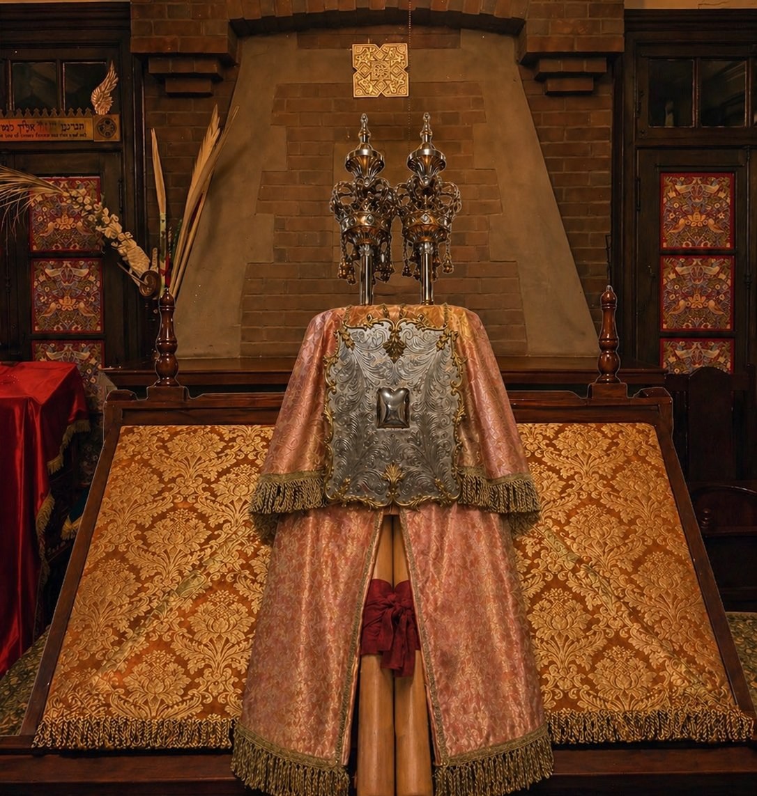 Torah scrolls dressed for the service.