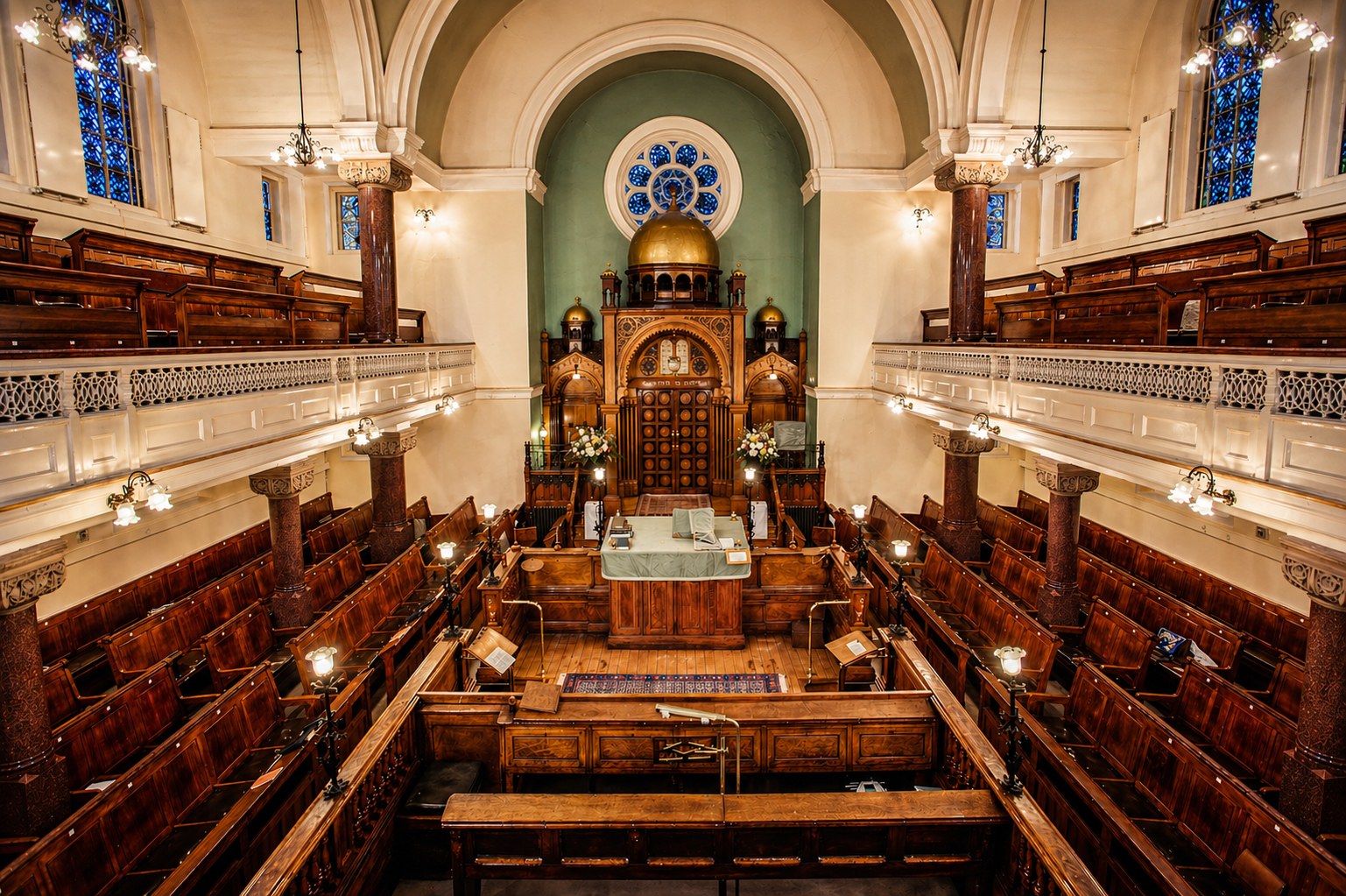 Lauderdale Road Synagogue, London — interior view toward the Ark.