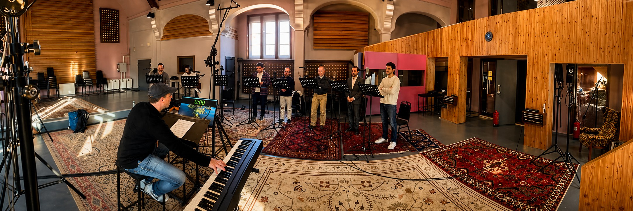 Studio recording session — pianist at digital piano, choir at music stands across the room.